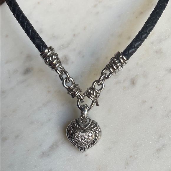Judith Ripka Sterling Silver Leather Heart Charm Pendant Necklace - Silver 925